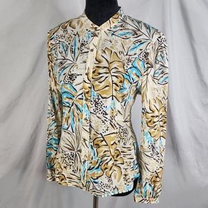 Vintage! TALBOTS Size 10 100% Pure Crepon Silk Neutral Print Blouse Bead Buttons